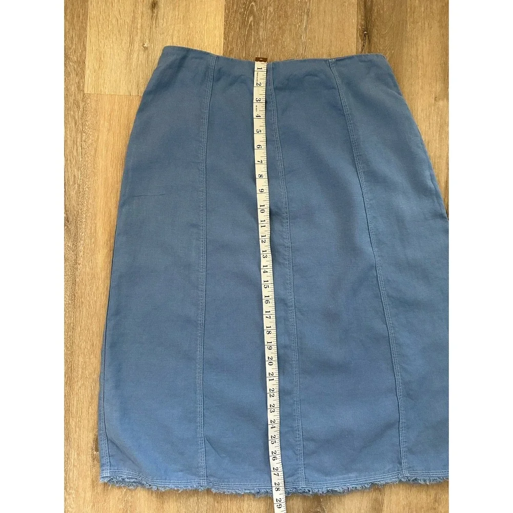 Relativity Womens Size 10 Linen Skirt Blue Fringe Raw Hem Pencil‎ Knee Midi